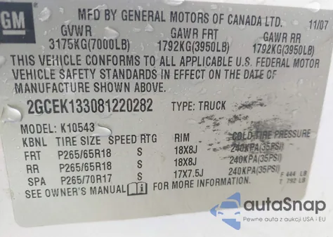 2008 Chevrolet Silverado 1500 Lt2 z USA, uszkodzony, nr VIN 2GCEK133081220282